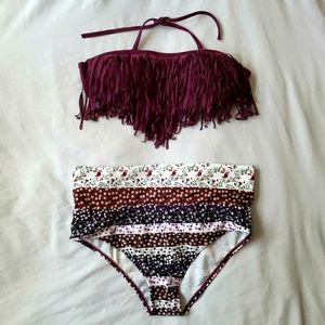 Maroon Floral Fringe High Waisted Bikini Set - Size L